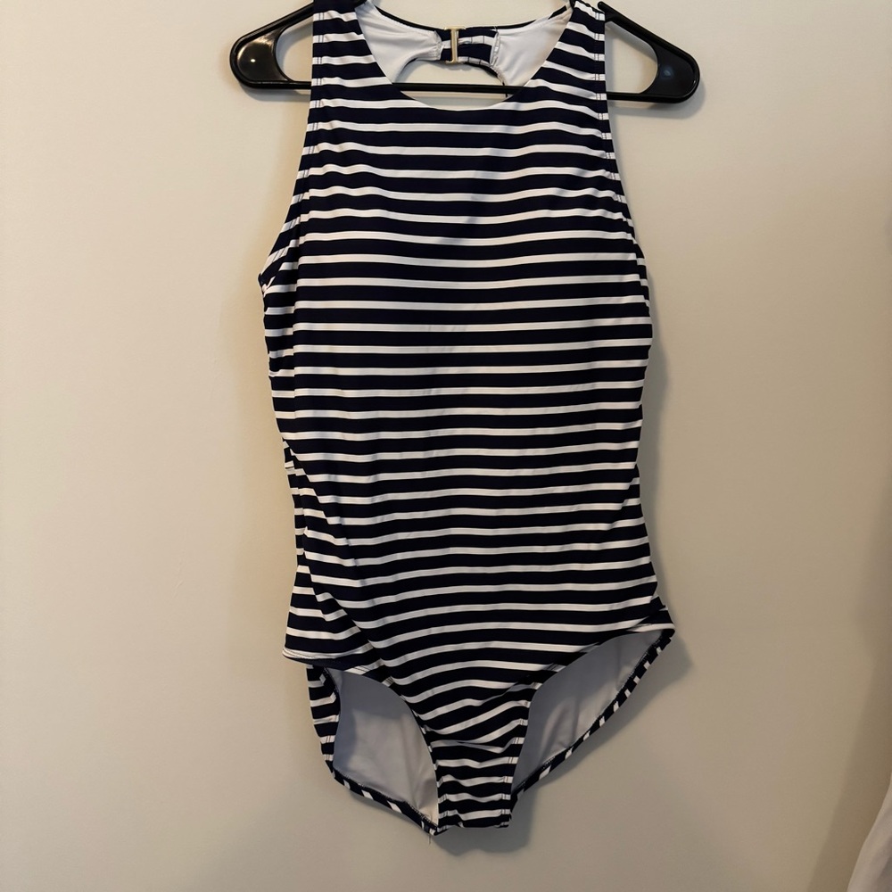 Lands' End Navy and White Striped Swimwear